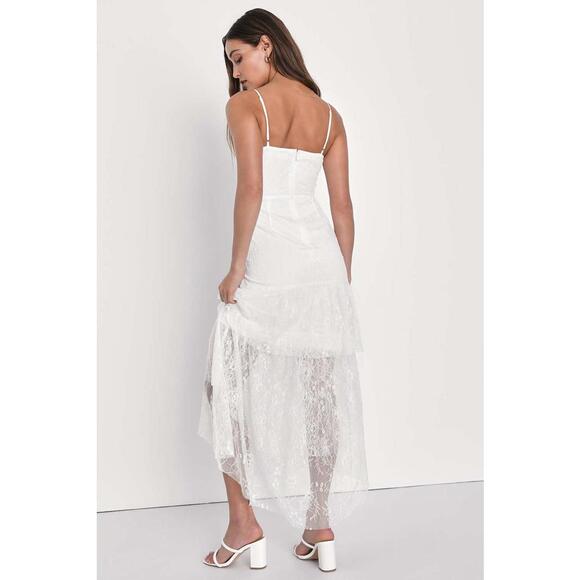 Lulus Elaborate Love White Lace Bustier Tiered High-Low Maxi Dress Size M - Picture 7 of 8